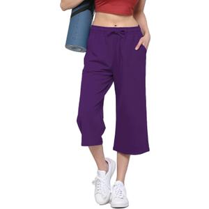 Lock and Love Womens Capri Pants Loose Yoga Pants Wide Leg Drawstring Comfy Lounge Pajama Capris Sweatpants with Pockets (Small, Wb2381_purple)