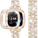 Dsytom Bling Stylish Watch Band Compatible With Fitbit Versa 4, Sense 2, Versa 3, Sense - Cute Strap With Rhinestone Protective Case Cover for Women