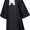 Irtysh Halloween Robe Judge Lawyer Adult Party Graduation Gown Costume Cosplay Wooden Gavel Wig Glasses Gloves set (Black, XL)