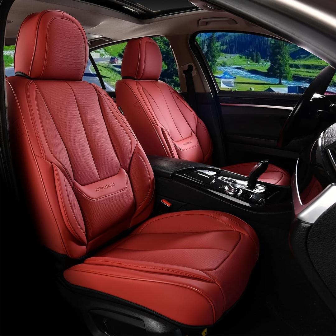 Coverado Car Seat Covers Full Set, Car Seat Protector Waterproof, Nappa Leather Car Seat Cushion, Red Seat Covers for Cars, Front Seats and Back Universal Fit for Most Cars