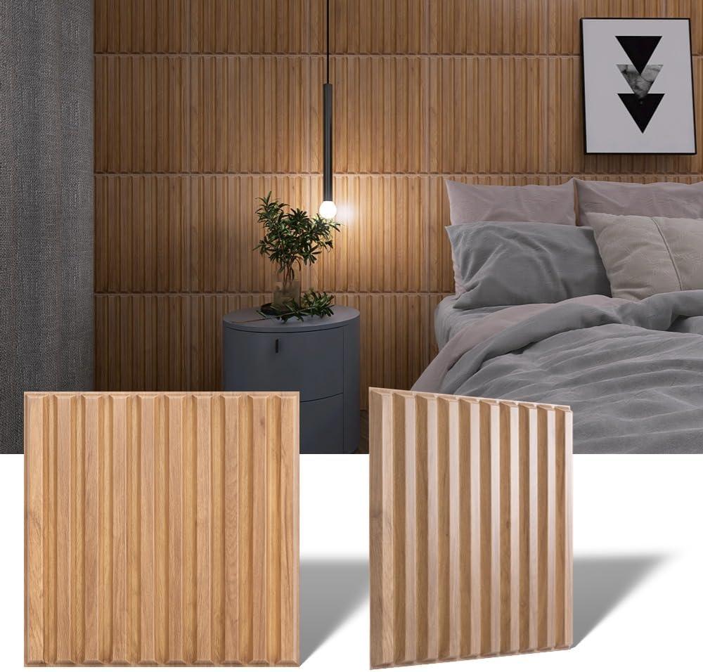 3D Slat Wall Panels, PVC Faux Wood Tiles, Celling Panels 3D Fluted Textured for Interior Wall Decor, 12-Tile Set 19.7" x 19.7",Walnut