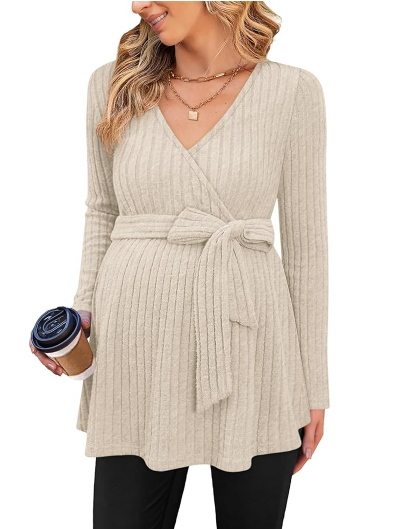 Womens Maternity Shirts Long Sleeve Pregnancy Tops Casual V Neck Ribbed Knit Pregnant Blouses, XL