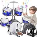 M SANMERSEN Upgraded Kids Jazz Drum Set Toddler Toy Drum Set with Stool, Plastic Rock Jazz Drum Kit Musical Toys Gift for Boys Girls 1-3 3-5 (Blue)