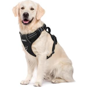 Funfox Dog Harness No Pull, Adjustable Pet Vest Harness, Super Soft Material with Vertical Handle Easy Control, Reflective Night Walking, 2 Leash Clips for Large Dogs, Black, L