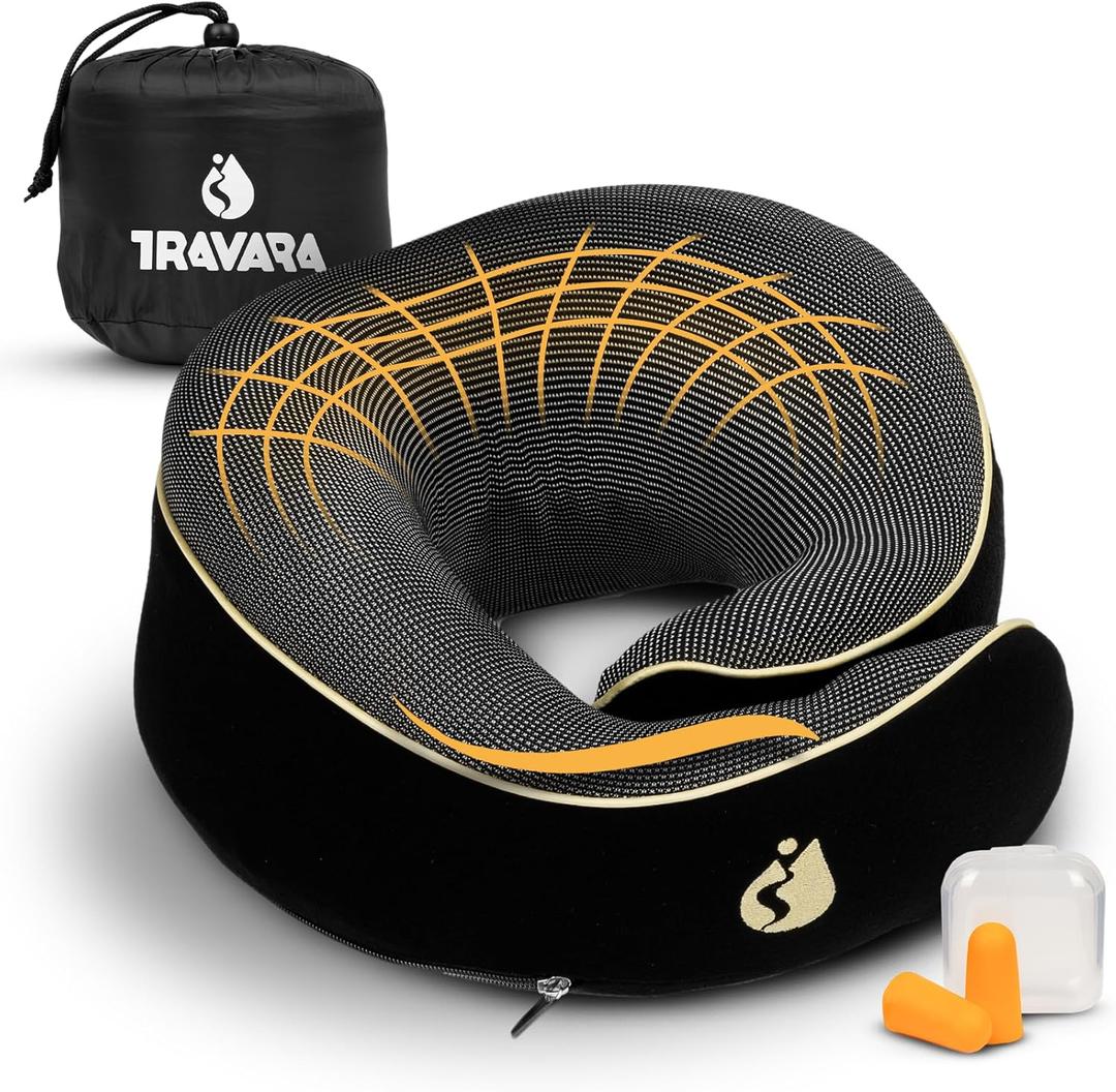 Travel Pillow - Airplane Neck Pillow with 360 Support - 100% Pure Memory Foam Flight Pillow for Sleeping on Airplanes - Travel Neck Pillow for Traveling (Black)