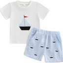 Gueuusu Toddler Baby Boy Summer Outfit Sailboat Embroidery Short Sleeve T Shirt Striped Shorts Set Infant Beach Clothes 18-24 Months