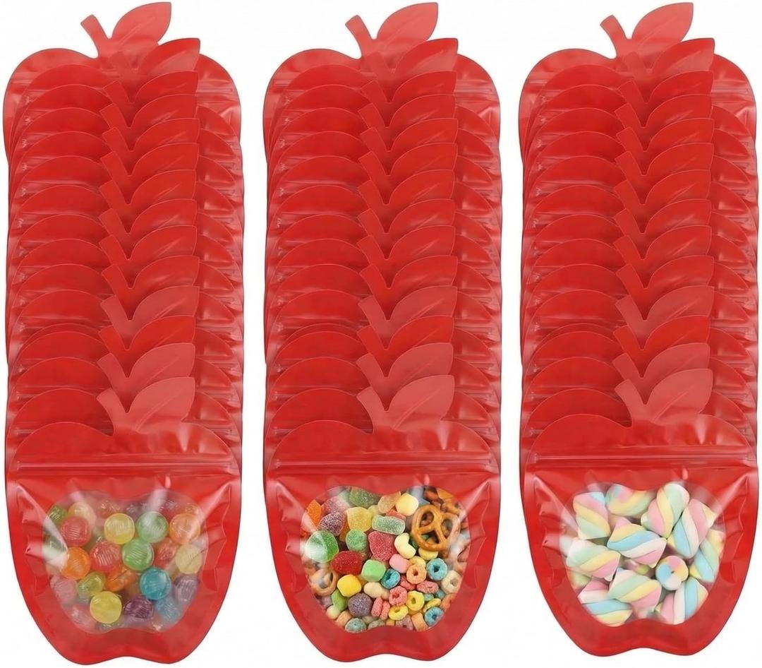 Yexiya 200 Pcs Large Back to School Gift Bags 4 x 4 Inch Apple Shaped Treat Bags Cute Apples Clear Cellophane Bag Plastic Heart Candy Goodie Reusable Sealed Bag for Office Party Supply (Red)