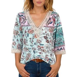 IRISGOD Womens 3/4 Length Sleeve V Neck Tops Dressy Casual Chiffon Blouse Summer Floral Bohemian 2025 Trendy Shirts, 2XL