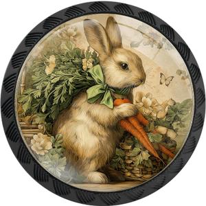 4 Pack Vintage Bunny with Carrots Cabinet Knobs Round Drawer Pulls Black Dresser Knob Cupboard Door Handles Hardware for Kitchen Bathroom Cabinets