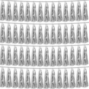 4P Silver Foil Fringe Metallic Tassel Streamers Banner Tassel Garland for Parade Floats, Bachelorette, Wedding, Birthday, Halloween, Christmas, Bridal/Baby Shower Party Decorations