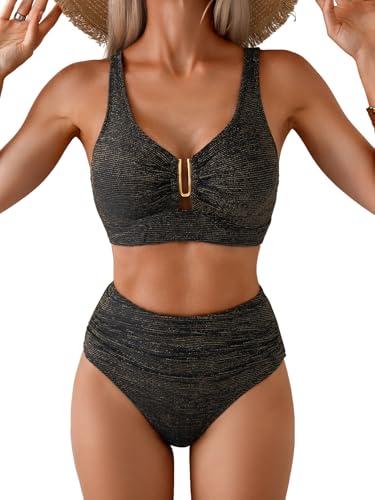 Eomenie Bikini Sets for Women High Waisted Two Piece Bathing Suit U Wired V Neck Swimsuit Adjustable Straps Swimwear, Size L