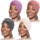 SATINIOR 4 Pieces Turbans for Women Soft Pre Tied Knot Pleated African Head Wraps Cancer Turban Cap Chemo Headwrap Head Wear (Dark Purple, Dark Grey, Coffee, White)