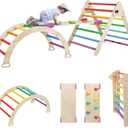 EDOSTORY 5 in 1 Pikler Triangle Set, Indoor Playground and Gym for Kids, Foldable Wooden Montessori Climbing Set Triangle Ladder Set with Slide and Climbing Ramp, Gift for Boys Girls(Rainbow)