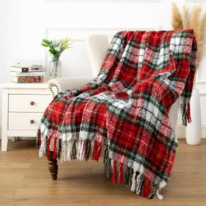 LALIFIT Plaid Throw Blanket with Fringes Green Red Christmas Home Decor Blankets Super Soft Cashmere Blanket for Couch Sofa Farmhouse Halloween etc 50" x 60" Inches (Xmas)