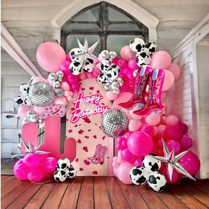 Farm Cowgirl Disco Balloon Garland Arch Kit 120P+ Hot Pink And Silver Balloons With Cowgirl Boots Disco Ball Star Mylar Balloon For Women 30th Birthday Last Rodeo Bachelorette Party Decorations