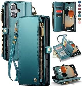 Defencase Compatible with iPhone 17 Case Wallet with RFID Blocking Card Holder for Women and Men, Fashion PU Leather Magnetic Snap Flip Zipper Strap Wallet Phone Case for iPhone 17 6.3", Blue Green