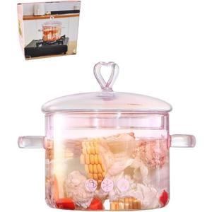 1.5L Pink Glass Potpourri Pot, 1500ml (51oz), Glass Cooking Pot, Heart-shaped Lid, Easy to Clean, Heat Resistant, Safe for Oven, Gas, Electric Stoves, and Dishwashers. for Potpourri, Pasta, and Soups.