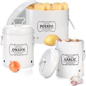 Suwimut Set of 3 Vegetable Storage Tins, Metal Potato Onion Garlic Storage Bin, Kitchen Canisters Vegetable Fresh Keeper Garlic Container Onion Keeper Potato Bin with Aerating Holes and Lid