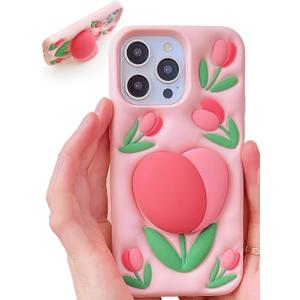 Cute 3D Flower Phone Case for iPhone 16 Pro - Retractable Stand & Grip with Floral Design - Girly Aesthetic Pink Tulip Soft Silicone Phone Cover for Women, Girls, and Teens, Pink