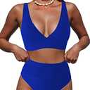Hilinker Women's Leopard Bikini Swimsuits V Neck High Waisted 2 Piece Bathing Suits (Large, Royal Blue)