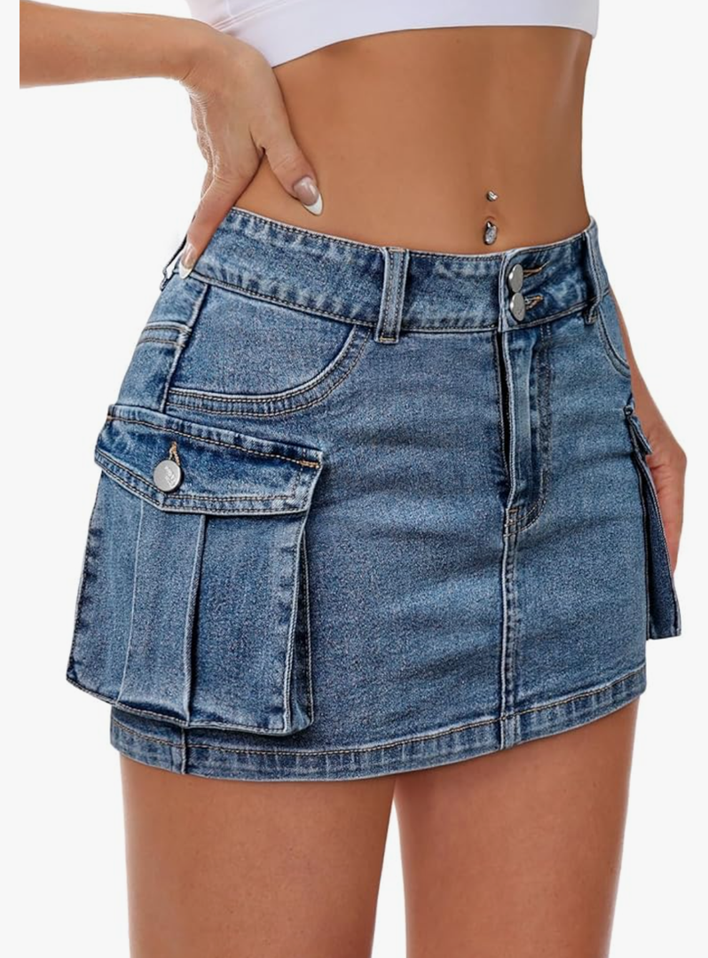 Mancreda Women Denim Cargo Skirt Mini Low Waist Button Bodycon Y2K Flap Pockets Skirts, Size 13