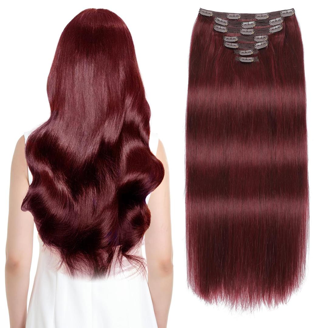 Sisily Clip in Hair Extensions Real Human Hair, 22 inch 170g, Burgundy Red, 100% Brazilian Remy Human Hair Clip in Extensions Soft Straight 7pcs Per Set with 16 Clips Double Weft