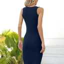 Valiamcep Women's Summer Midi Bodycon Dresses Basic Square Neck Side Slit Ribbed Knit Fitted Casual Sleeveless Tank Dress (Blue, M)