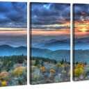Blue Ridge Mountains Wall Art Sunrise Forest Pictures for Living Room Decor Smoky Mountains Canvas Prints National Park Posters Nature Woodland Artwork for Bedroom Office Home Decoration 16x32" 3Pcs
