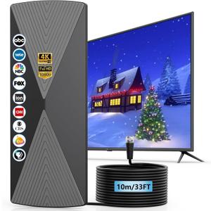 TV Antenna Indoor, 2025 Long Range Antenna for Smart TV with Amplifier Signal Booster for Local Channels,Digital inddor Antenna for All Older TV's-Supports 4K 1080p -33ft Long Cables (Black)