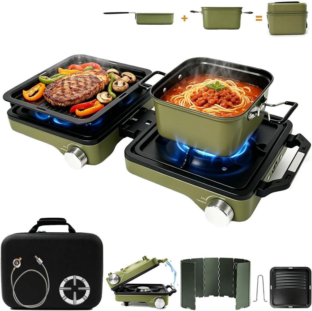 2 Burner Camping Stove with Cooking Set, 24000 BTU Propane Stove, Green
Foldable Camp Stove with 2-in-1 Frying Pan & Pot, Griddle, Windshield, Carry Bag, Ideal for RV, Picnic, Tailgating, Survival