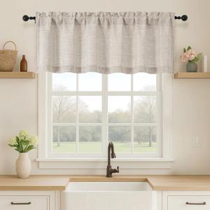 OVZME Valance for Windows, Light Filtering Faux Linen Textured Small Kitchen Valances for Windows, Dual Rod Pocket Farmhouse Short Curtain for Bathroom Basement, 52Wx18L inch, 1 Piece, Linen Color