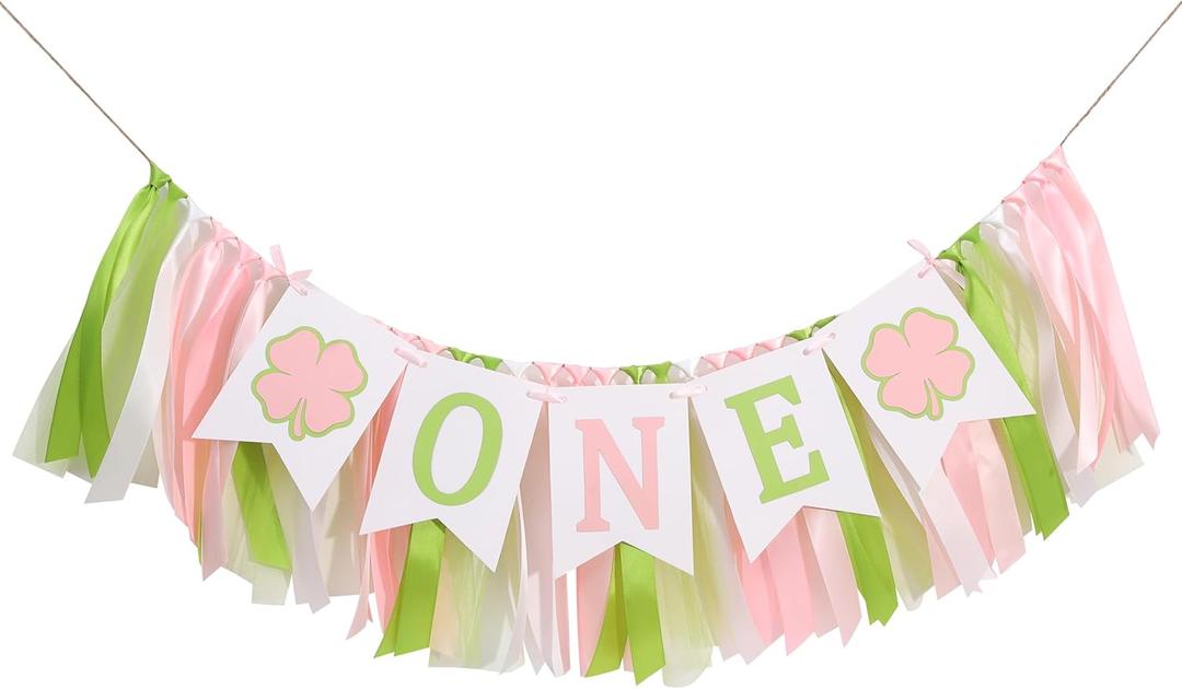 Lucky One 1st Birthday High Chair Banner - Shamrock First Birthday Party Decoration, St. Patrick's Day Party Supplies, Pink Lucky One Banner for Girl, Four Leave Clover Cake Smash Photo Props