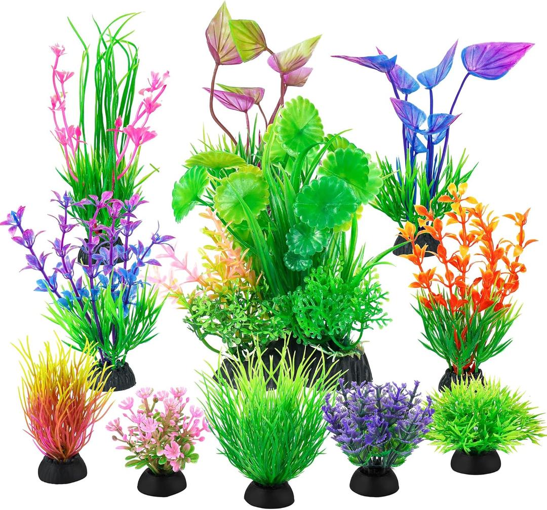 Ameliade Fish Tank Decorations Aquarium Artificial Plastic Grass Plants Decor Small Betta Goldfish Turtle Tank Accessories 11 Pieces