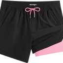 maamgic Men's Swim Trunks 5.5 inch Seersucker 2 in 1 Beach Shorts Quick Dry Bathing Suits with Compression Liner (Medium, Black Pink )