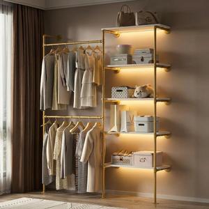 Industrial Pipe Clothing Rack with LED Lights& Shelves, Gold