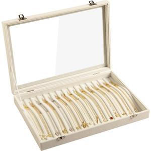 Frebeauty 15 Hooks Necklace Tray Velvet Neckalce Organizer with Clear Lid Lockable Necklace Holder Box Jewelry Organizer for Pendants Chains Necklace Jeweley Tray for Women Girls(Beige)