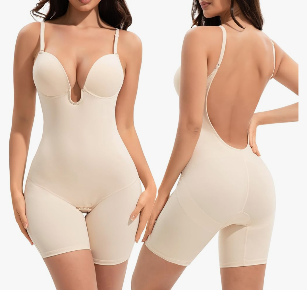 Slimers Backless Shapewear Tummy Control: Low Back Plunge Shapewear Bodysuit - Slimming Built-In Bra Full Body shaper Woman, Large 