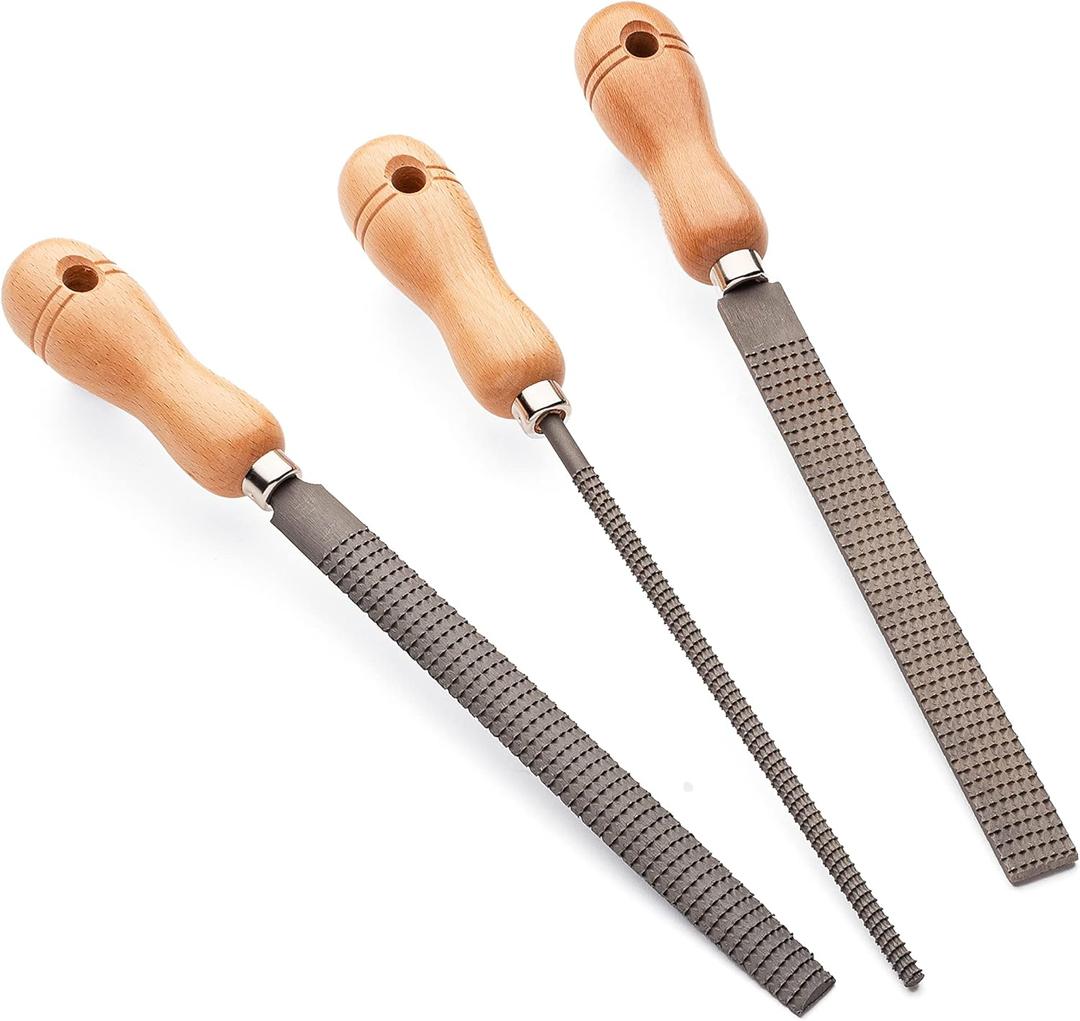 Kings County Tools Set of Three 8" Woodworking Rasps | Flat, Round, & Half Round | High Quality Steel Material | Durable and Long-Lasting | 4" Beech Wood Handle