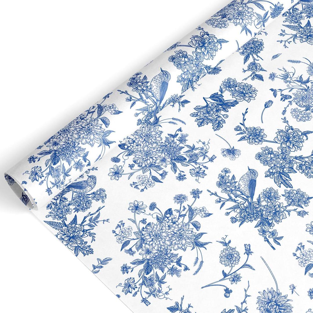FYSUIMU Spring Blue and White Floral Wrapping Paper -Mini Roll- 17 Inch x 32.8Ft Chinoiserie Flower Gift Wrap Paper Decorative Art Sheet for Wedding Birthday DIY Craft