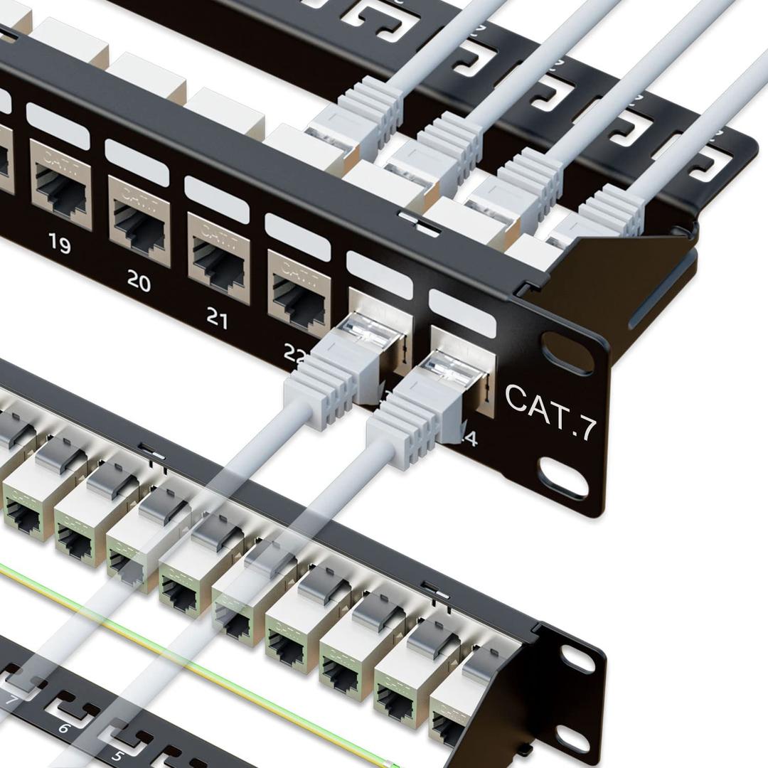 iwillink 10Gbps Cat7 Patch Panel 24 Port, RJ45 Through Coupler 1U Shielded Patch Panel STP 19-Inch with Back Bar, Wallmount or Rackmount, Compatible with Cat7, Cat6A, Cat6, Cat5e, Cabling