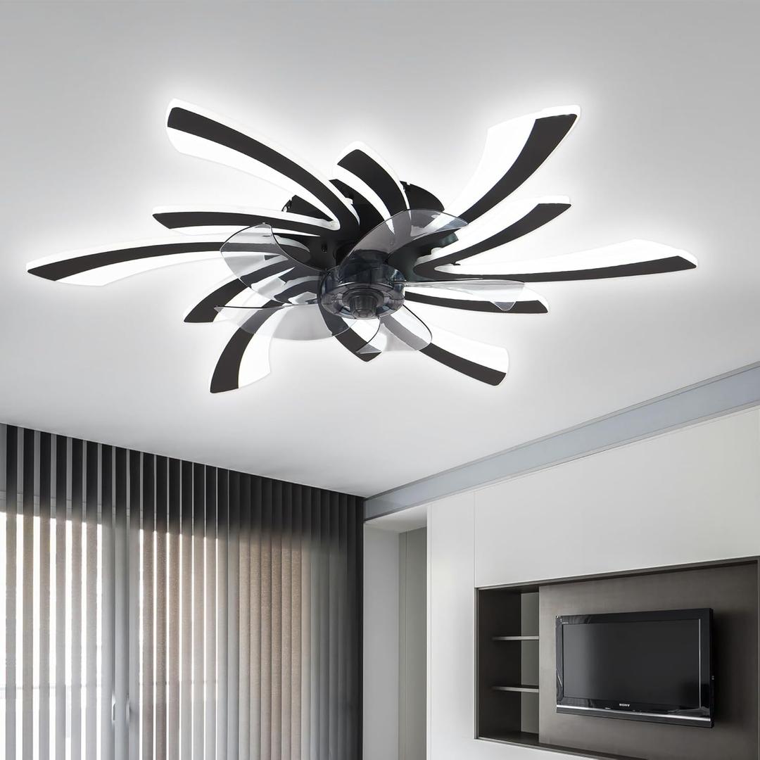 31" Ceiling Fan with Lights, Modern Flush Mount Low Profile Fan with Remote, Black for Bedroom, DWF021-B