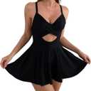 B2prity Women Cutout One Piece Skirt Swimsuit V Neck Wrap Tie Back Swimdress Tummy Control Bathing Suit(Black,XL)