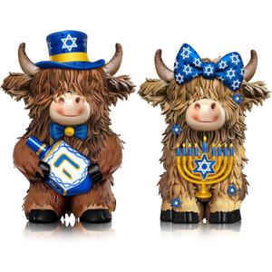 2 Pcs Hanukkah Highland Cow Figurines Decor Hanukkah Cow Gnomes Gifts Resin Statue Calf Lovers Gifts for Farmhouse Home Garden Bathroom Kitchen Tiered Tray Table Decor Office
