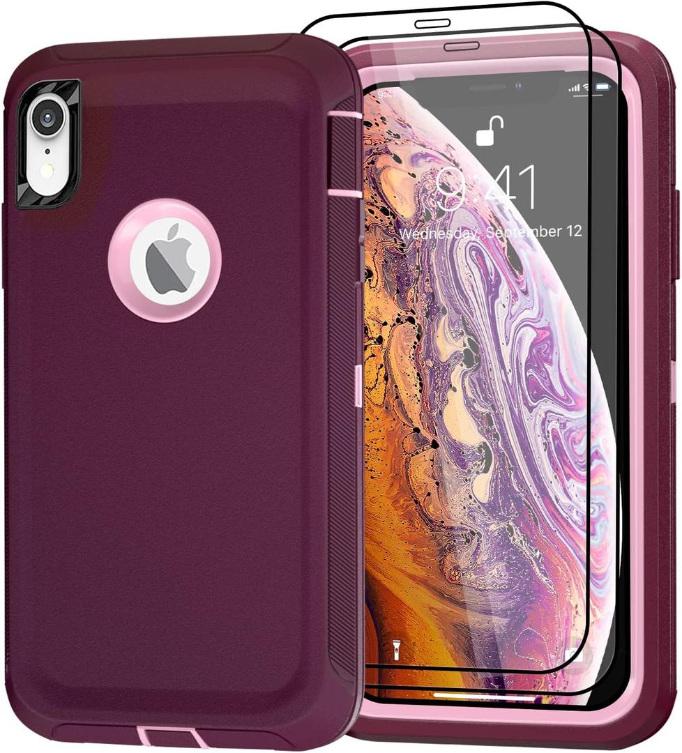 Case for Apple iPhone X/XS Case with 2 Screen Protector, Heavy Duty Full Body Shockproof Military Grade Cover, 3 in 1 Drop Protection Phone Case 5.8" [Wine Red+Pink] (X/XS-Wine Red Pink)
