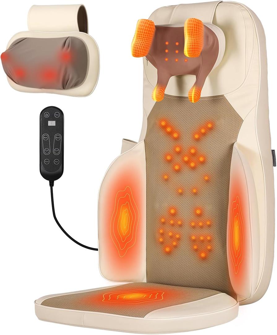 Shiatsu Neck and Back Massager with Heat - 3D Kneading & Vibration Full-Back Massage Cushion to Ease Muscle Stiffness, Adjustable Intensity & Height for Office Chair, Home Use (Beige)
