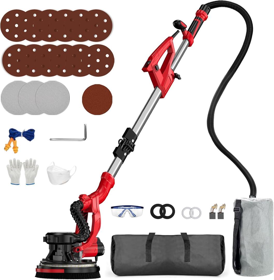 Drywall Sander Popcorn Ceiling Removal Tool with Vacuum Dust Collection 9 Variable Speed Collapsible Extendable Handle Electric Sander for Drywall with LED Light 16Pcs Sanding Discs Red