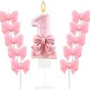 Pink Birthday Number Candles with Bow and Glitter Sequins, Includes 20 Mini Bow Pink Birthday Candles, Safe Sparkler Candles for Cake Decorations, Birthdays, Weddings, Baby Showers, Number 1 set of 2