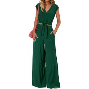 PRETTYGARDEN Women's Summer 2 Piece Outfits 2026 Cap Sleeve V Neck Belted Crop Tops Wide Leg Pant Sets Casual Tracksuit (Large, Solid Dark Green)