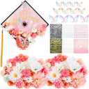 Wavwavw 44 Pcs DIY Pink Graduation Cap Decorations Accessory Kit 3D Artificial Flowers Butterfly Decals Rhinestone Pearl Stickers Letter Stickers Glitter Paper for Grad Hats Decor