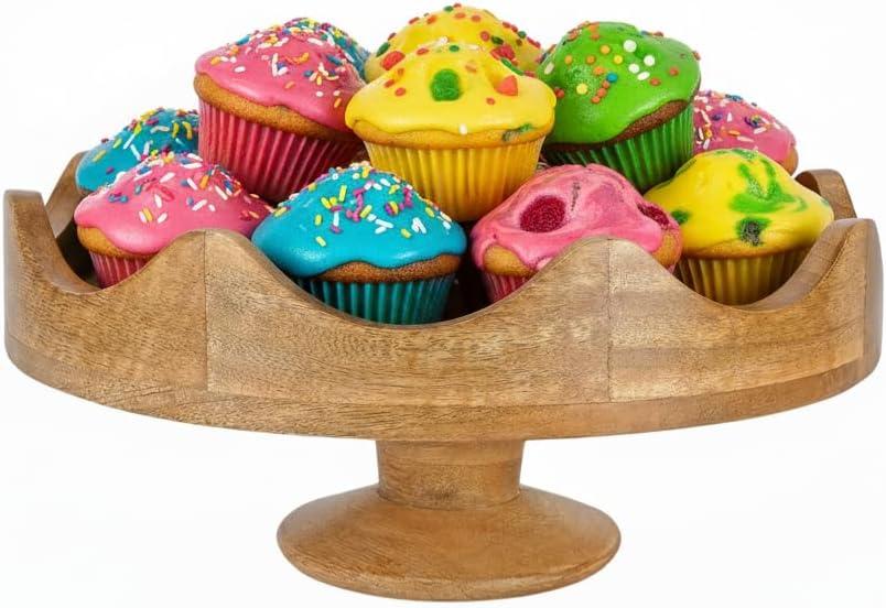 Mela Artisans Mango Wood Footed Fruit Bowl | 12" Scalloped Wooden Pedestal Bowl for Kitchen Counter | Snacks | Breads | Desserts | Multipurpose Decorative Riser for Dining or Coffee Table